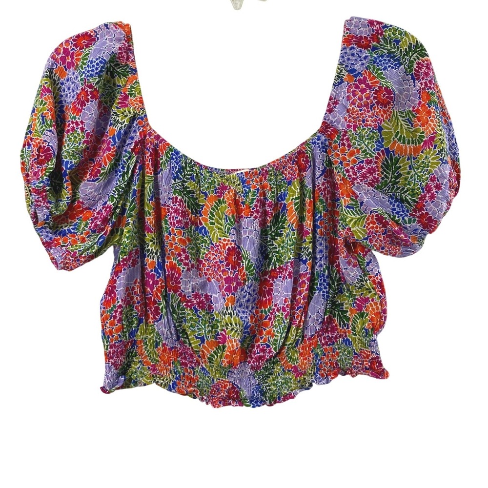 Aura‎ Crop Top Womens Medium Floral Smocked Bottom Boho Cottagecore Puff Sleeves